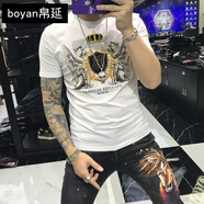 帛延（boyan） 歐貨潮牌絲光棉短袖T恤男夏季新款皇冠刺繡體恤圓領(lǐng)修身半袖潮流 白色 XL