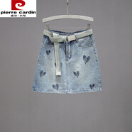 皮爾卡丹（pierre cardin）夏季愛心繡花牛仔裙高腰顯瘦防走光百搭短裙包臀裙子潮燙鉆半身裙 淺藍(lán)色5087# M