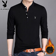 花花公子（PLAYBOY）長袖t恤男春秋季新款潮流立領(lǐng)商務(wù)休閑修身上衣男士百搭打底衫男 黑色加絨 XL