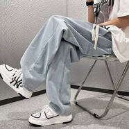 衣然呈品美式潮牌牛仔褲男純色系帶直筒寬松休閑百搭春秋款高街百搭褲子男 淺藍(lán)色 XL【建議125-145斤】
