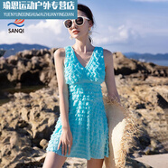 宰摟泳衣女夏季連體裙式仙女范網(wǎng)紅無(wú)袖吊帶收腰性感時(shí)尚遮肚顯瘦泳裝 藍色 M m