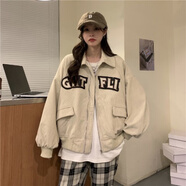 紫昕月秋冬新款短款寬松工裝燈芯絨外套女復(fù)古字母洋氣潮流休閑 杏色 雙層帶里布 L 100-115斤