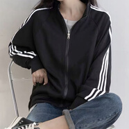 巧除ins三杠外套港風(fēng)春秋季外套女夾克寬松情侶裝棒球服韓版百搭學(xué)生 黑色外套 XL 適合135斤以下