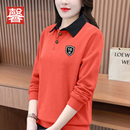 唐馨裳新款2024秋冬款簡約polo領(lǐng)t恤女裝衛(wèi)衣休閑衫秋衣外穿百搭上衣 【薄款】桔紅 XL【建議105-120斤】