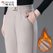 啄木鳥(niǎo)（TUCANO）秋冬加絨加厚仿羊絨休閑褲女高腰媽媽褲休閑哈倫褲中老年直筒褲 燕麥色  加絨 2XL 體重(105-120斤)