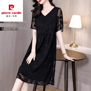 皮爾卡丹雪紡連衣裙女士裝2025年新款夏季媽媽蕾絲遮肚子氣質(zhì)短袖中長(cháng)裙 黑色《別致漂亮女神范今年流行氣 4XL (165-180斤)