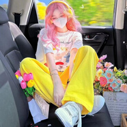 素優(yōu)米多巴胺女孩穿搭套裝女夏季甜美短袖T恤休閑闊腿褲兩件套 白色T恤+蛋黃色褲子 XS 建議65-75斤