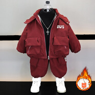 歐遙0-3歲男童冬季加絨套裝新款寶寶加厚棉衣冬裝兒童工裝兩件套衣服1 紅色-加絨兩件套 加厚 120 建議4-5歲 體重35-40斤