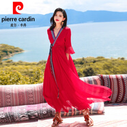 皮爾卡丹（pierre cardin）沙漠旅游拍照超大擺民族風(fēng)紅色連衣裙新疆青海湖波西米亞長(cháng)裙紅裙 紅色裙子 M