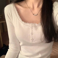 禾戀淑白色內(nèi)搭打底衫女2025秋冬新款長袖t恤上衣蕾絲針織衫顯瘦可外穿 蕾絲花邊紐扣長袖 L 【建議115斤以內(nèi)】