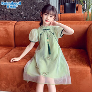 開米熊童裝女童漢服夏裝旗袍裙兒童古風(fēng)連衣裙中國風(fēng)小女孩公主裙子夏季 綠色 140 碼建議身高130cm左右