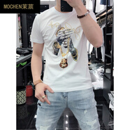 茉莀（MOCHEN） 歐貨潮牌冰絲燙鉆短袖t恤男士潮流印花重工夏季時(shí)尚半袖緊身上衣 白色 2XL
