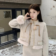 予瑾時(shí)尚名媛小香風(fēng)套裝裙加厚毛呢外套秋冬季新中式半身裙兩件套 杏色外套 M