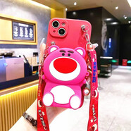 領(lǐng)悍 立體帕恰狗零錢(qián)包蘋(píng)果Apple iphone手機殼青蛙卡通可愛(ài)公仔保護套全包軟殼防摔斜挎背包式 山楂紅殼-草莓熊零錢(qián)包+斜挎掛繩 5.4英寸-蘋(píng)果iphone12mini