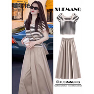 蔓爾依休閑褲女夏季2025新款韓版氣質(zhì)輕熟時(shí)尚顯瘦闊腿褲小香風(fēng)套裝裙褲 條紋上衣+卡其褲子 M