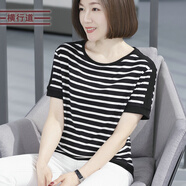 橫行道圓領(lǐng)拼接細(xì)橫條紋休閑寬松女夏裝短袖打底衫t恤上衣2024半袖 黑大白小 M