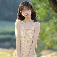 森女部落我和春天有個約會 （萬物生）甜美風花邊拼接疊穿連衣裙 杏色連衣裙(單件)（單件） S