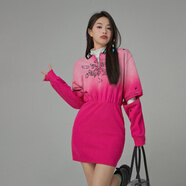 CHUU漸變印花連衣裙女冬季新款半開(kāi)領(lǐng)鏤空松緊腰a字短裙子 玫粉 均碼