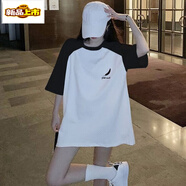 初徑胖mm夏季小眾拼接撞色純棉短袖t恤女中長款韓版寬松短袖t衣服 C142中長款-拼接-純棉【好質(zhì)量】 XL 建議166-200斤穿