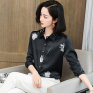 奧絲婕（Aosijie）真絲碎花襯衫女印花春夏新款重磅桑蠶絲襯衣修身顯瘦氣質(zhì)上衣 4色(黑玫瑰) XL