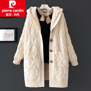 皮爾卡丹（pierre cardin）2025新減齡粗棒針麻花毛衣外套加絨加厚女秋冬寬松休閑中長款連帽 乳白 全身加絨 XS ( 70-90斤)
