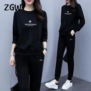 ZGWT輕奢高檔品牌休閑運動(dòng)套裝女春秋新款寬松秋冬加絨圓領(lǐng)衛衣兩件套 黑色套裝(山 春秋款) 2XL (135-150斤)
