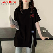 LOVER RUCCI黑色下擺開(kāi)叉短袖t恤女夏季2025新款純棉寬松長(cháng)t中長(cháng)款遮屁股上衣 黑色開(kāi)叉-中國 L 115-135斤