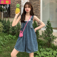 示牧背帶短褲夏季新款小個(gè)子韓系牛仔褲女裝學(xué)生背帶褲 0158藍色背帶短褲 L 建議110-125斤