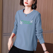 綺敏純棉長袖t恤女春秋打底衫2025新款寬松大碼中年媽媽秋裝氣質(zhì)上衣 藍(lán)色【葉字母】 常規(guī) M 建議80-100斤