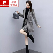 皮爾卡丹毛呢套裝裙2024年新款女秋冬季名媛氣質(zhì)格子外套中長款洋氣兩件套 黑色 兩件套套裝 M 90-105