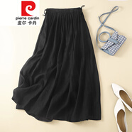 皮爾卡丹（pierre cardin）女裝夏裝高腰半身裙系帶亞麻中長裙顯瘦苧麻字裙針織 黑色 L 【125-150斤】