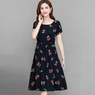 索宛亦（SUOWANYI）連衣裙夏裝中老女中長(zhǎng)款中年裝短袖大媽碎花裙子 黑底小紅花 XL 建議105斤以下穿