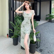 燕潯薄荷曼波風(fēng)印花掛脖連衣裙女夏季不規則開(kāi)叉中長(cháng)裙純欲修身包臀裙 綠色 L (建議110-125斤)