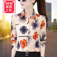 愛(ài)夸貓絲襯衫女長(cháng)袖襯衫上衣女士新款長(cháng)袖小衫淑女風(fēng)打底上衣雪紡印花 3560紫紅色 L 建議105-115斤