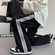 Jret2025新款夏秋運動褲女學生韓版寬松百搭潮流休閑褲直筒闊腿褲子女 黑色三條杠褲 M