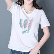 珞妮短袖t恤女顯瘦女裝上衣春夏季新款韓版V領(lǐng)半袖休閑體桖衫 白色 羽毛 XL 建議115-125斤