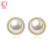 滴水成珠南珠世家淡水珍珠耳環(huán)耳釘925銀耳扣生日禮物送媽媽 8.5-9mm扁形珍珠黃K金色925銀鑲鋯石耳釘