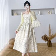 妃莉杋（FeiLiFan）夏季吊帶連衣裙女裝2025新款氣質(zhì)收腰顯瘦甜美開衫碎花裙子女套裝 杏色吊帶裙 XL 【建議120-135斤】
