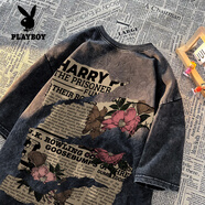 花花公子（PLAYBOY）重磅短袖t恤男玫瑰2025夏季寬松水洗做舊半袖美式大碼體.恤潮牌 水洗黑灰色 M 90斤至110斤可穿