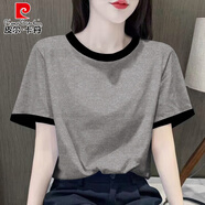 皮爾卡丹撞色減齡上衣歐貨純棉短袖t恤女2025夏季新款灰色正肩寬松體恤潮 灰插黑-純色 L 111-125斤