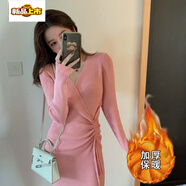 初徑針織連衣裙女2025秋冬港味氣質(zhì)交叉V領(lǐng)系帶修身顯瘦打底毛線裙子 粉色開(kāi)叉【加厚不加絨適合冬天穿 L【建議105-115斤】