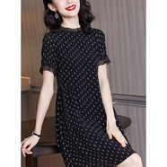 蠶素真絲小個(gè)子連衣裙2022年新款遮肚花裙子氣質(zhì)短袖小碎花桑女夏 黑色 M