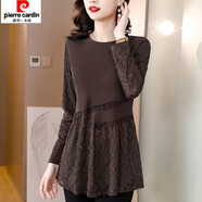 皮爾卡丹蕾絲打底衫女加絨中長(cháng)款秋裝上衣時(shí)尚洋氣小衫 咖啡色 XL(建議斤- 咖啡色 2XL(建議115斤-125斤)