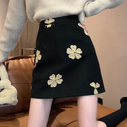 俞邁毛呢短裙女寬松大碼胖mm300斤毛呢半身裙女秋冬高腰A字短裙半裙包 黑色 2XL