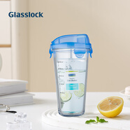 Glasslock 韓國進口玻璃水杯加厚可愛情侶杯隨手杯可愛透明茶杯 鋼化玻璃帶刻度藍色附杯套450ml