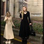 燁聆微胖女裝顯瘦套裝胖子穿搭一整套女冬季大碼胖妹妹200斤秋裝高端 米白色連衣裙單件 3XL 建議160-180斤