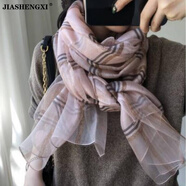 JIASHENGXI春秋真絲羊毛百搭圍巾女金線(xiàn)大格子絲巾秋季桑蠶絲薄披肩長(cháng)款紗巾 粉色