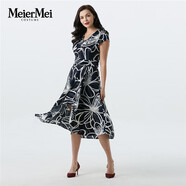 MeierMei玫而美時尚氣質修身連衣裙女中長款短袖連身裙印花顯瘦 H29 36
