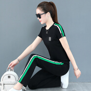 衣捷路 闊腿褲休閑運動(dòng)套裝女兩件套夏季新款時(shí)尚女士純棉短袖長(cháng)褲寬松運動(dòng)衣夏天薄款大碼廣場(chǎng)舞跑步健身服 黑色(兩件套)高品質(zhì) M【建議穿80-99斤】舒適面料