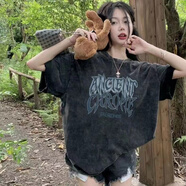 嬌茹妮高街美式水洗做舊復古印花短袖T恤女24年ins潮牌寬松休閑圓領(lǐng)上衣 水洗黑【260克100%純棉重磅】 M